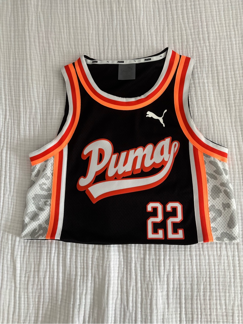 Puma PacSun Black Cropped Jersey Tank with Orange and White Accents